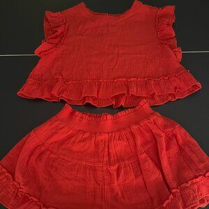 Red Short Set-Ruffle detail-tomato red. Cropped shirt & shorts-Gauzy-Size Medium